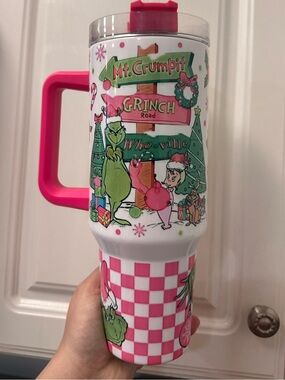 Grinch Themed Pink Travel Tumbler with Handle